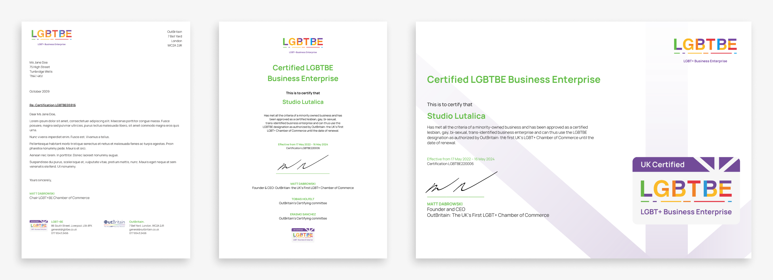 A multi-page document displaying the LGBTBE logo, certifying a business as a Certified LGBTBE Business Enterprise. Each page features signatures at the bottom. On the right side, theres a UK Certified LGBT+ Business Enterprise badge.