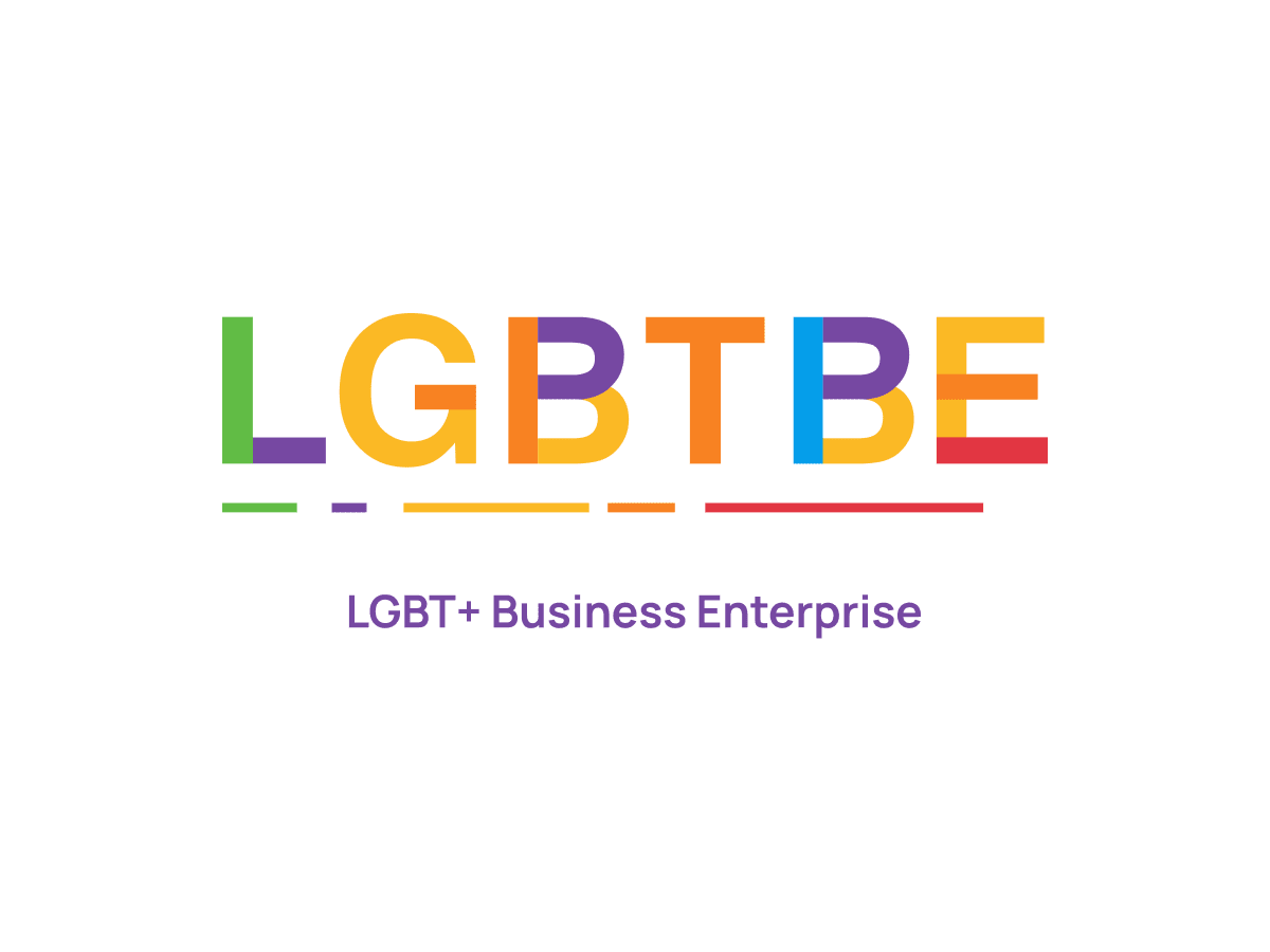 Text illustration displaying LGBTBE in large letters, each in a different rainbow colour. Below, smaller purple text states LGBT+ Business Enterprise. The background is white.