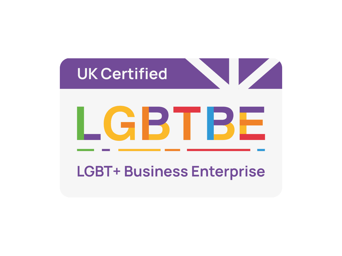 A certification badge featuring UK Certified at the top with a Union Jack design. Beneath, LGBTBE appears in rainbow colours, followed by LGBT+ Business Enterprise in purple text. The background is white.