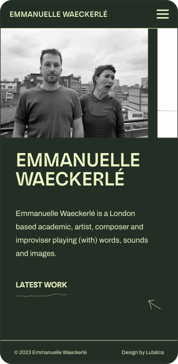 Dark mode homepage of Emmanuelle Waeckerlé's website on mobile
