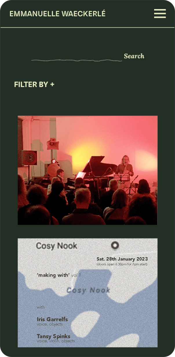 Dark mode archive page of Emmanuelle Waeckerlé's website on mobile