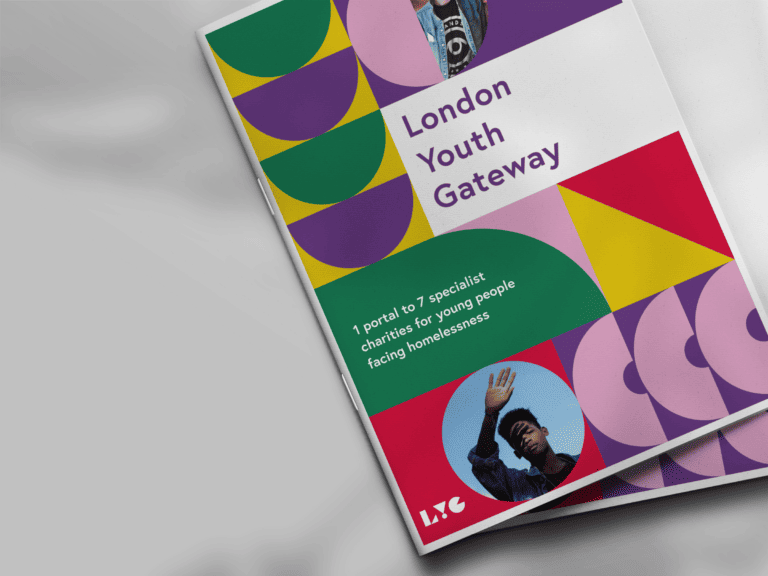 Brochure for London Youth Gateway with abstract geometric shapes in purple, green, yellow, and red. Text states: 1 portal to 7 specialist charities for young people facing homelessness. Includes an inset photo of a person raising one hand.
