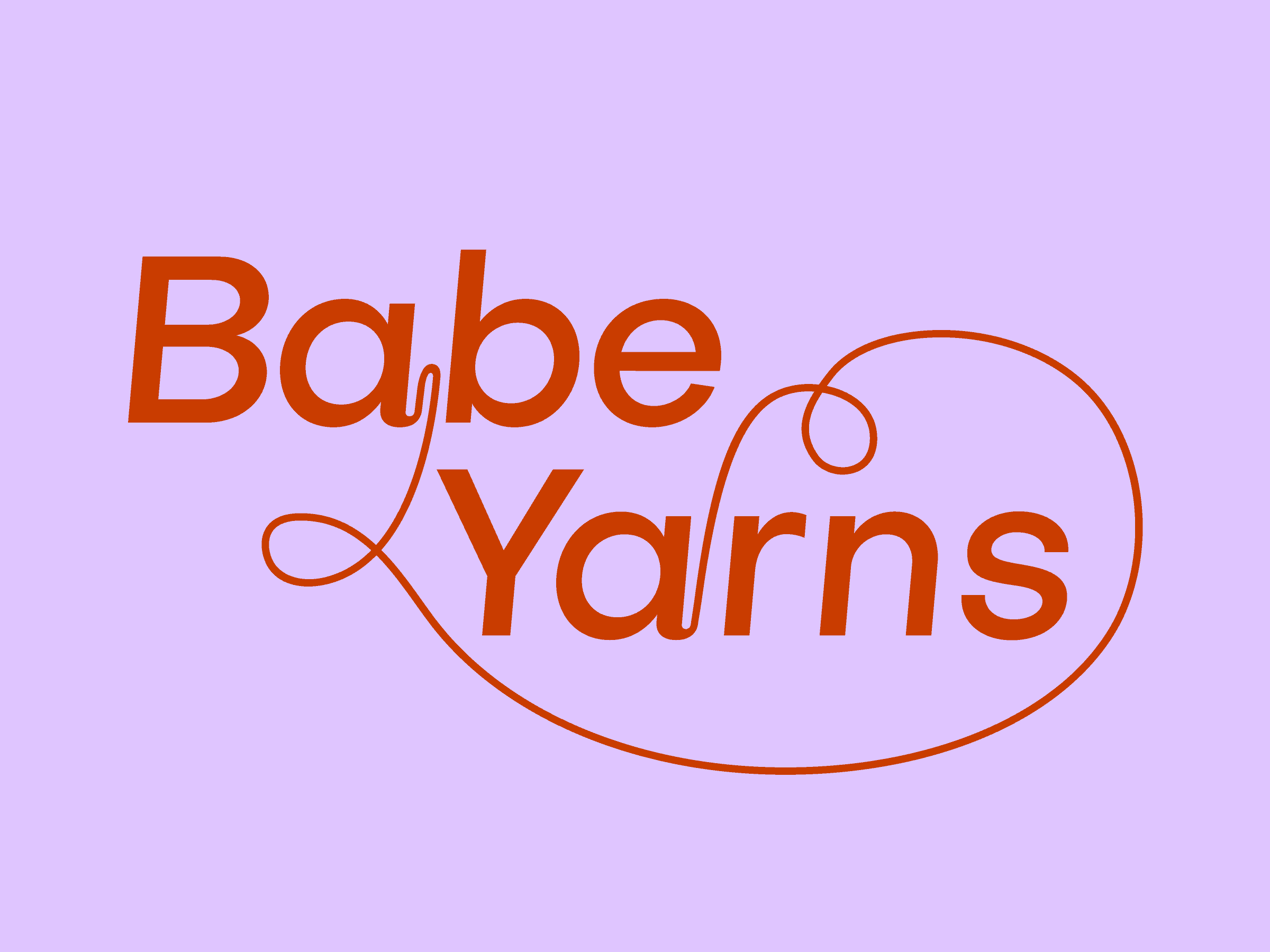 On a purple background red text reads 'Babe Yarns'. The 'a' in babe and the 'a' in 'yarns' are joined by a string of yarn that flows between the words