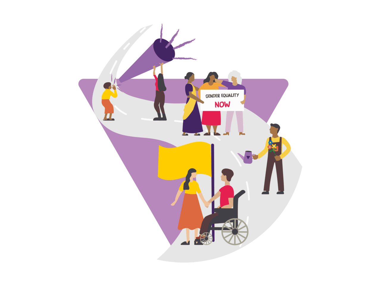 Illustration of diverse people promoting gender equality. A person in a wheelchair holds hands with another individual, while others carry signs stating Gender Equality Now. A prominent fist and purple globe represent empowerment and unity.