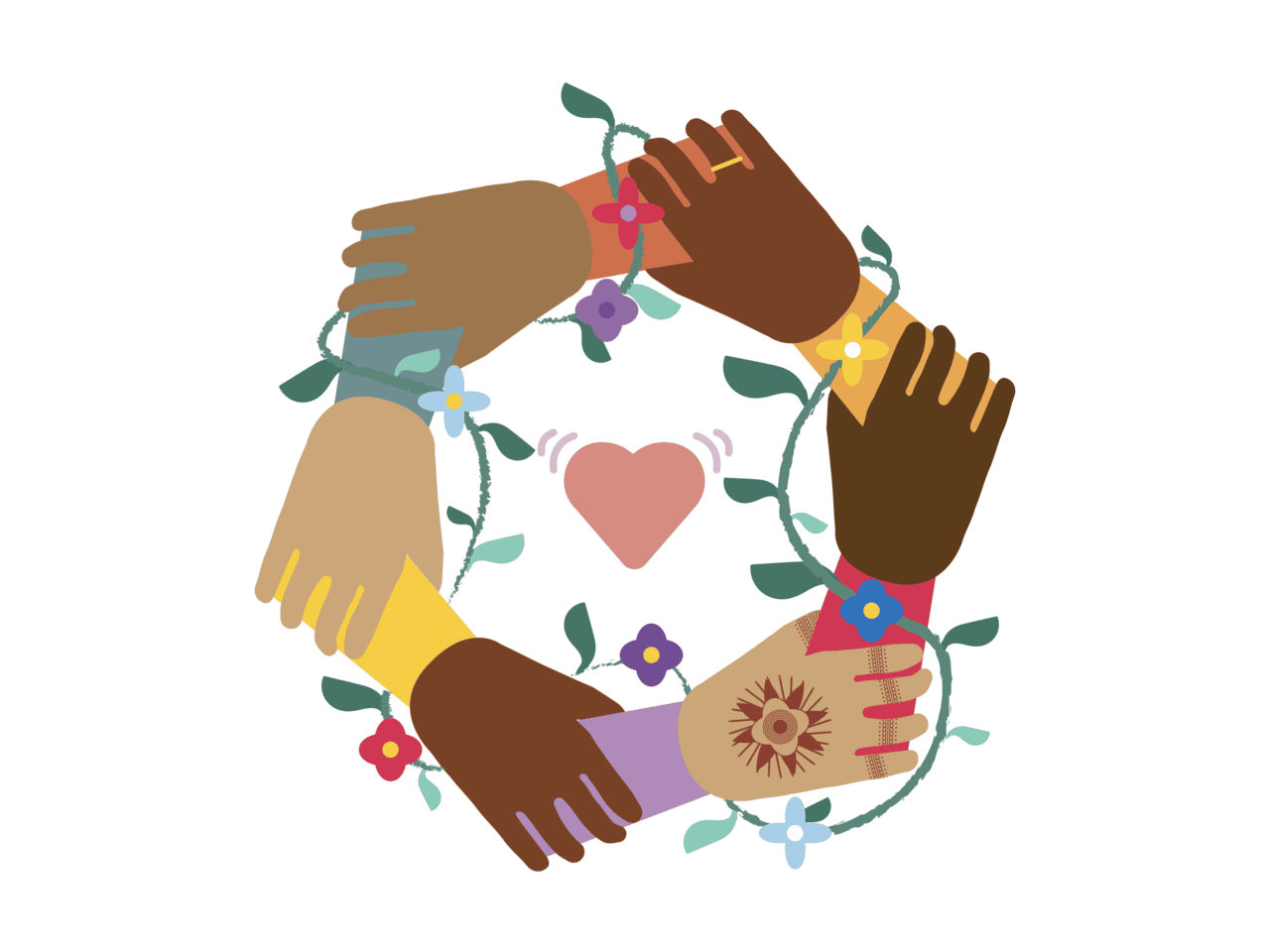 Illustration showing six hands of various skin tones forming a circle, wrapped in green vines and vibrant flowers. At the centre is a pink heart with radiating lines suggesting warmth.