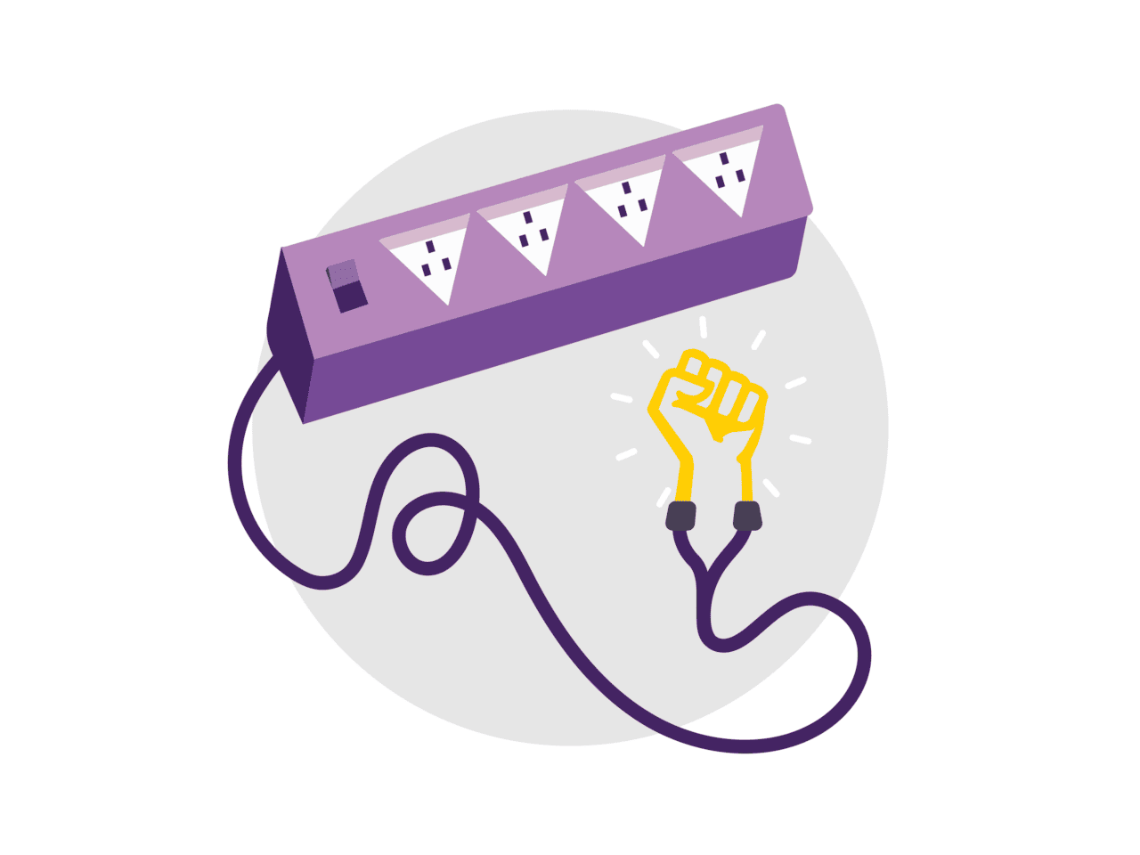 Illustration of a purple power strip featuring four sockets, connected to a yellow electric cable shaped like a fist at the end. The fist is illuminated, signifying power and empowerment. A grey circular backdrop completes the image.