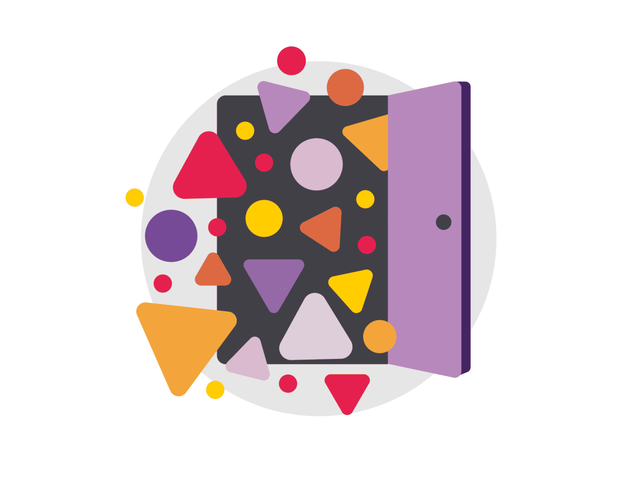 A purple door opens, releasing a variety of vibrant geometric shapes—triangles, circles, and hexagons—in shades of orange, red, yellow, and purple against a light grey circular backdrop.