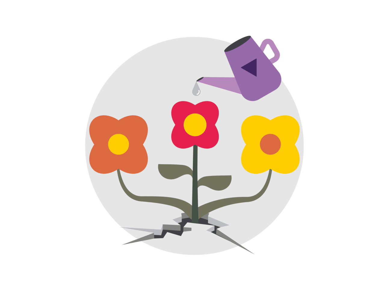 Illustration of three vibrant flowers sprouting from cracked ground, featuring petals in red, orange, and yellow. A cheerful purple watering can is refreshing the red flower with water. Set against a grey circular background.