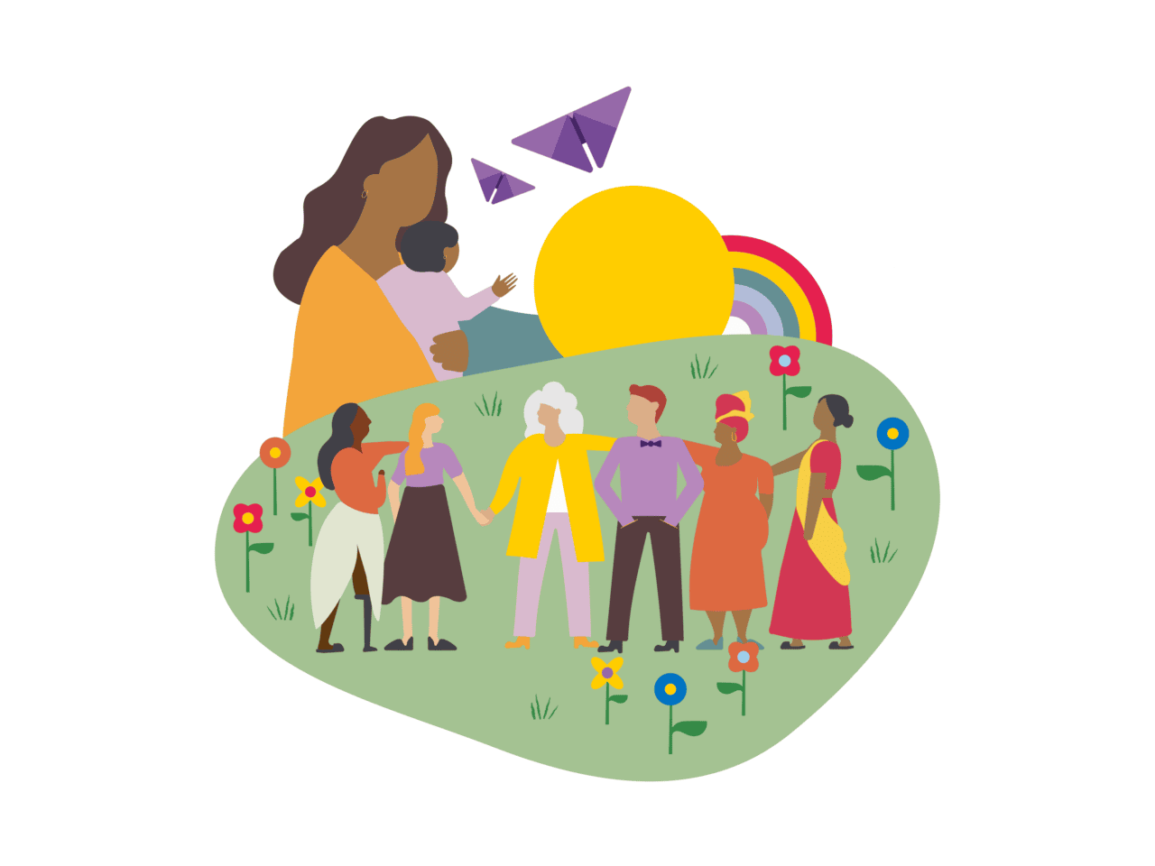 Illustration of diverse individuals standing hand in hand on grassy ground adorned with flowers. In the background, a large figure holds a child, surrounded by paper aeroplanes, a vibrant rainbow, and the sun. Scene embodies unity and diversity.