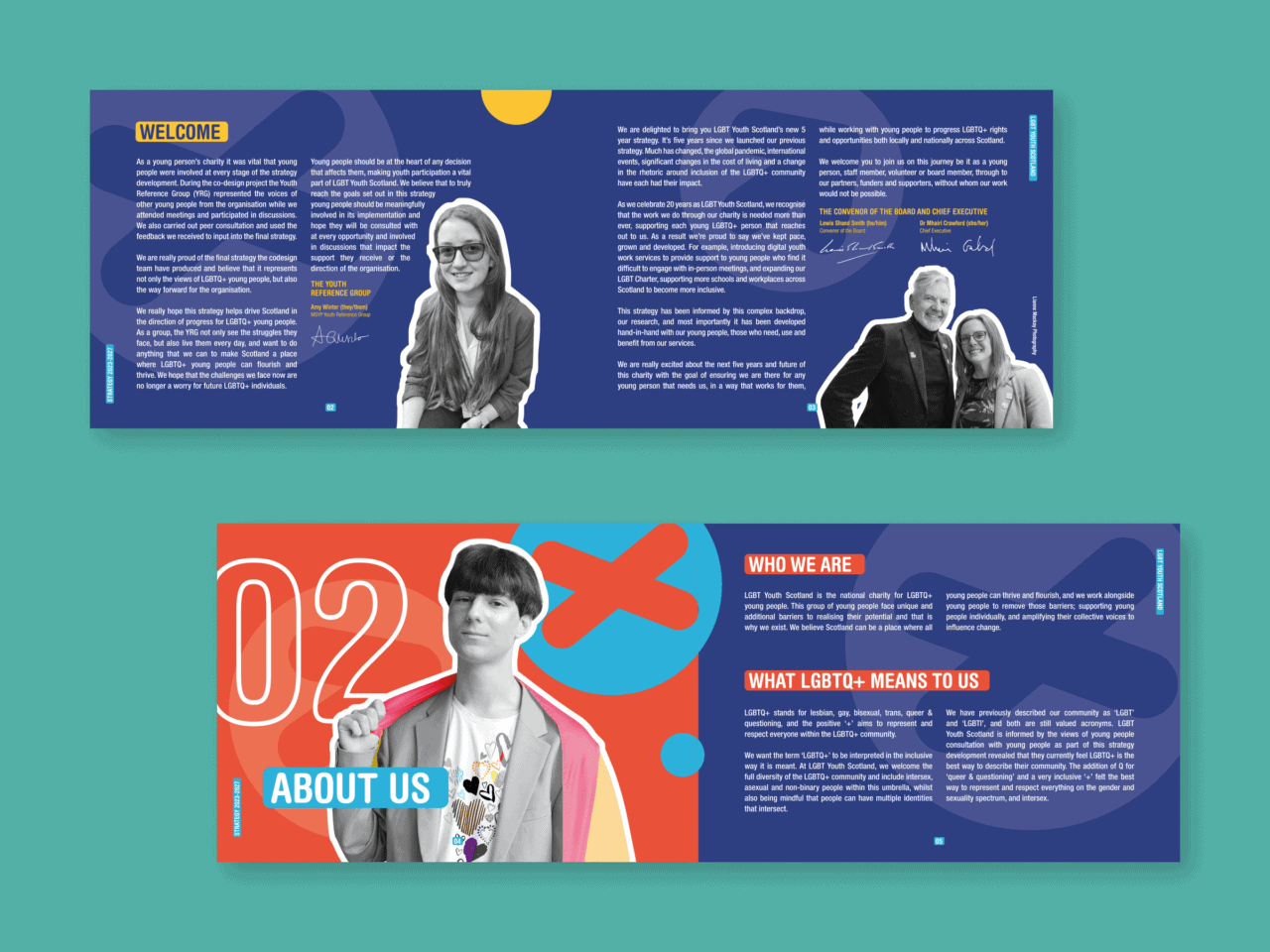 Previews of LGBT Youth Scotland's strategy report on a teal background