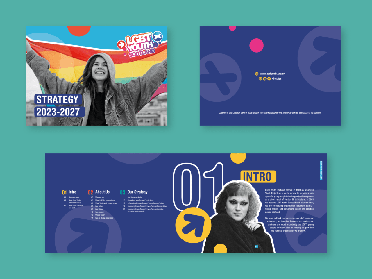 Previews of LGBT Youth Scotland's strategy report on a teal background