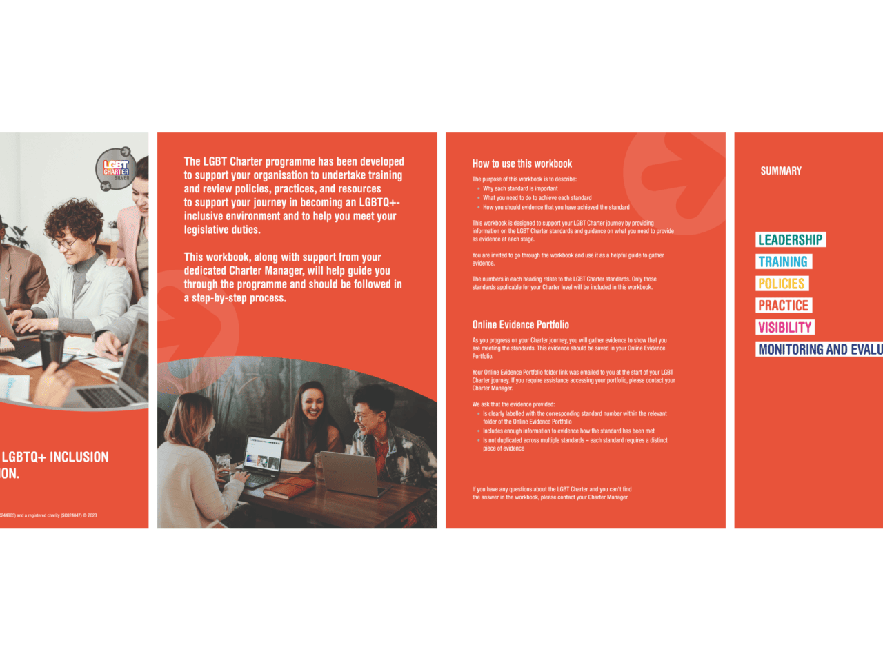 Brochure for the LGBT Charter programme featuring sections on inclusion, training, and legislative engagement. Images display people in discussion around a table, instructions for using a workbook, and a summary highlighting key areas.