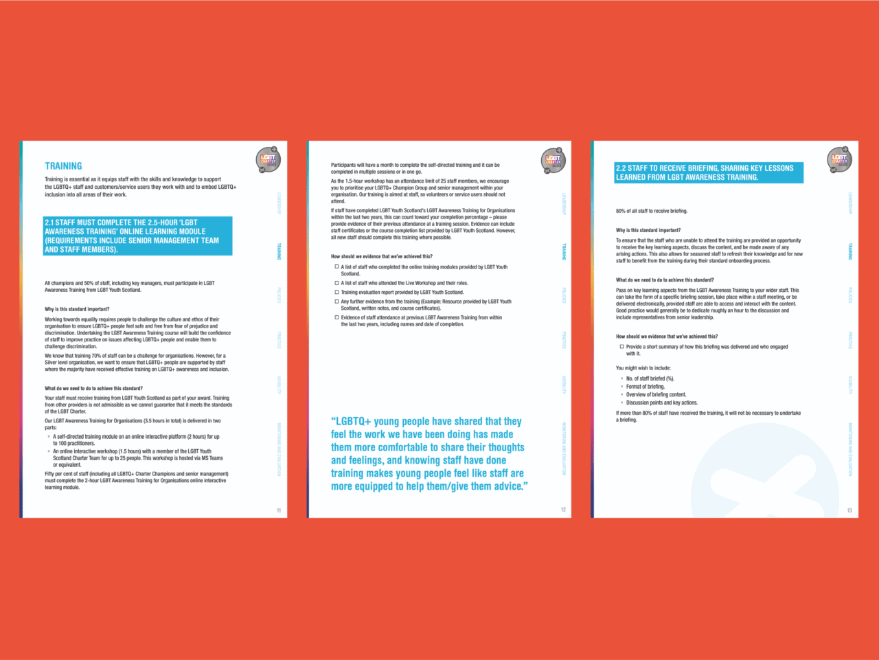 Three pages of text featuring blue headings on a bright red background. The content covers training and feedback about LGBTQ+ awareness, with bullet points and quotes emphasising crucial insights. Logos are visible in the corners of the pages.