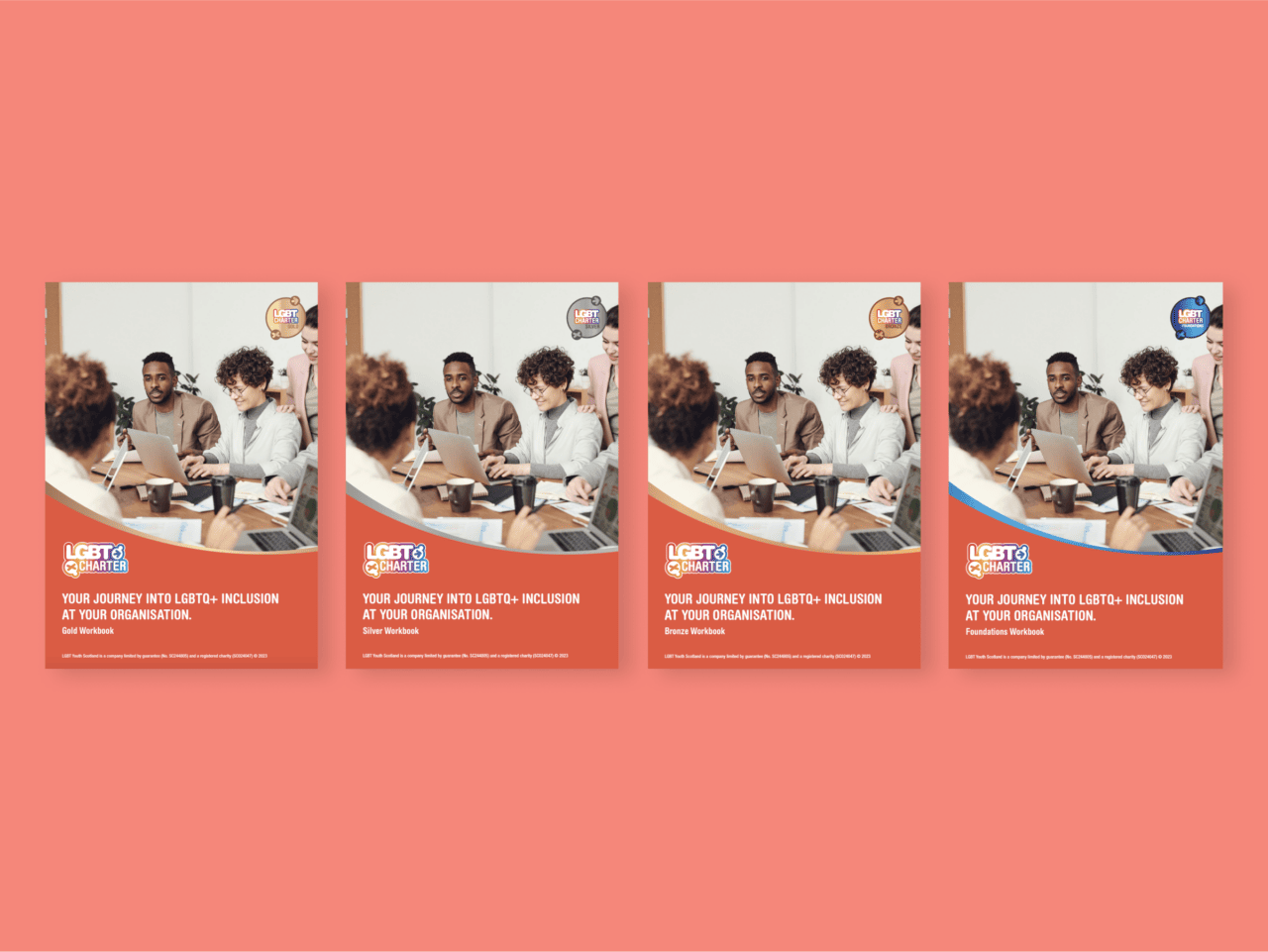 Four posters aligned horizontally depict a diverse group of individuals seated at a table, engaging in a work discussion. Text on each poster reads: Your Journey Into LGBTQ+ Inclusion At Your Organisation, emphasising inclusion and support. The background is a warm coral shade.