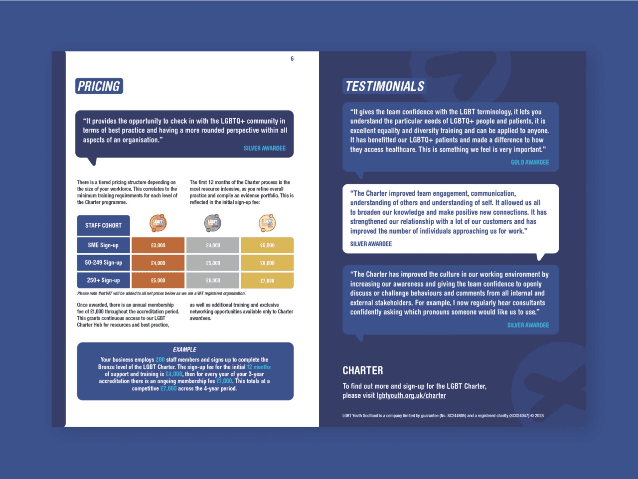 Image of an LGBTQ+ charter brochure spread. The left page displays a pricing table categorised by staff numbers, along with quotes from a Silver Award recipient. The right page presents testimonials highlighting benefits of inclusivity and understanding, accompanied by information on awards.