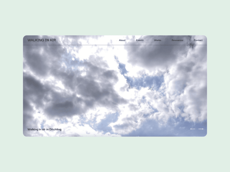Homepage of a website with a sky theme, showcasing fluffy clouds against a blue backdrop. Navigation menu options are About, Events, Works, Resources, and Contact. The site title reads Walking in Air.