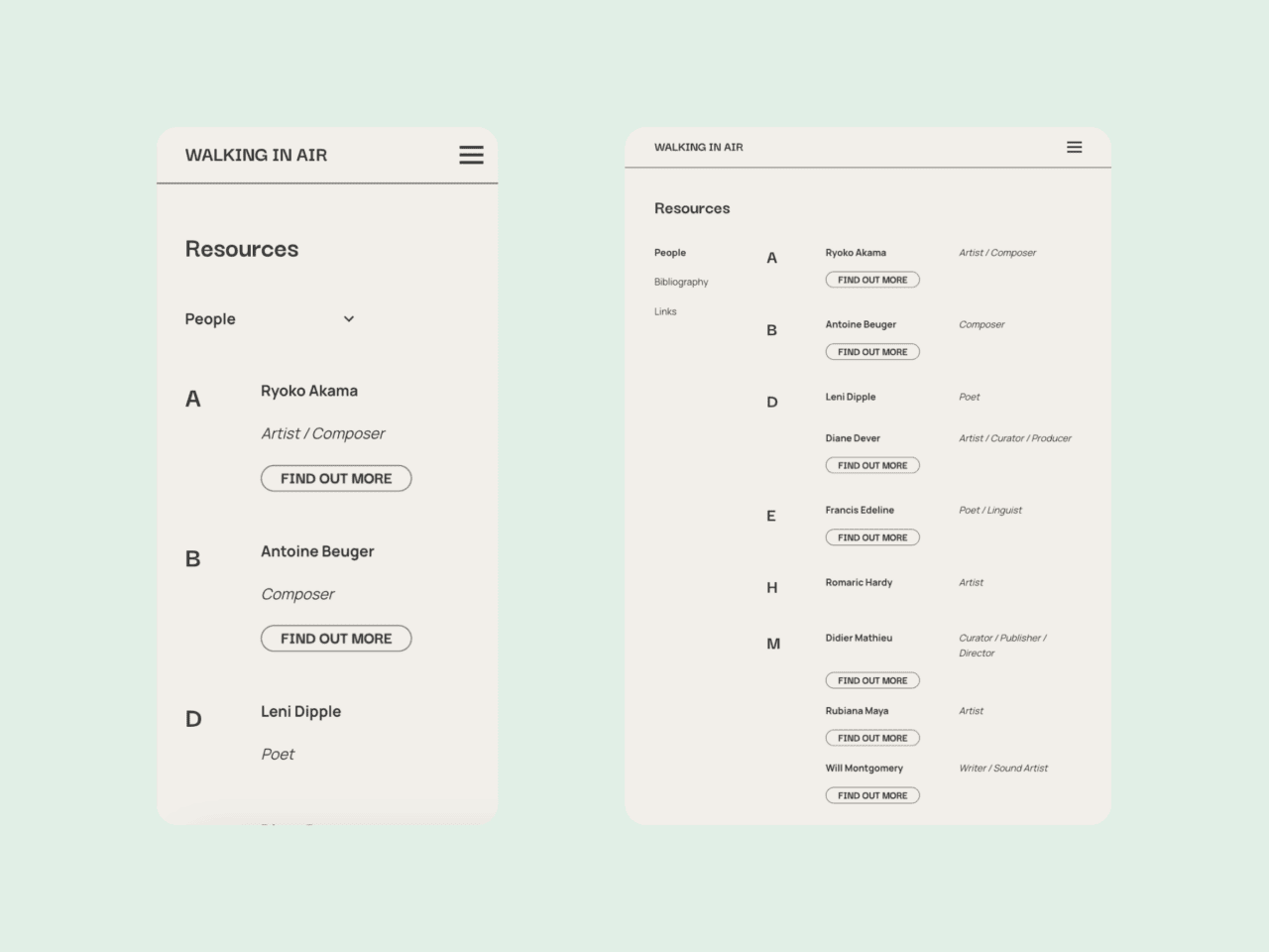 Two white mobile screens on a light green background show a list titled Resources. Names are organised alphabetically with roles such as Artist/Composer, Poet, and Curator/Producer. Each name includes a Find Out More button.