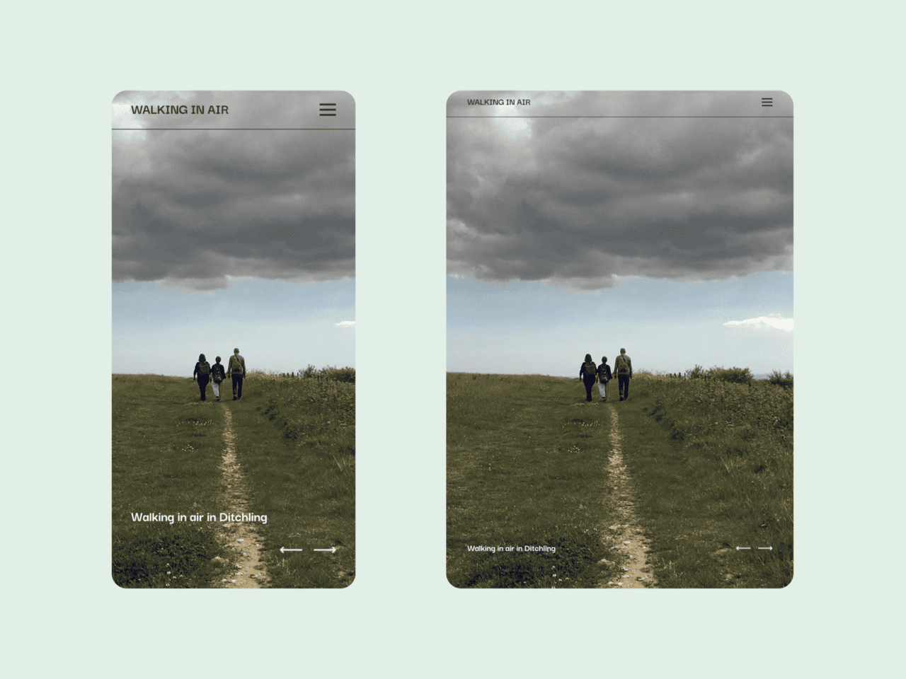 Two photos feature a group of people strolling along a grassy path beneath a cloudy sky. The text WALKING IN AIR appears at the top. The left photo is captioned Walking in air in Ditchling, while the right one reads Walking up air in Ditchling.