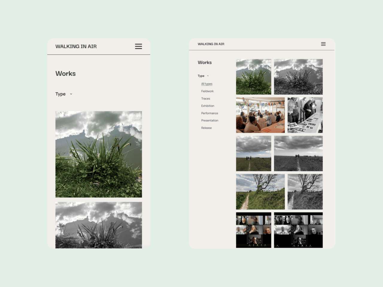 Two mobile screens showcasing a photography portfolio. The left screen features nature photographs with a drop-down menu labelled Type. The right screen displays a grid of diverse black-and-white images, including nature scenes and portraits. The header reads Walking in Air.