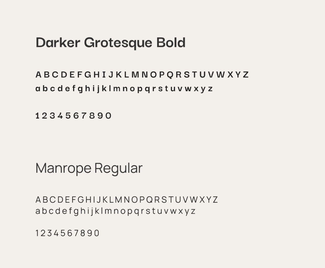 Image displaying two font samples: Darker Grotesque Bold featuring uppercase letters, lowercase letters, and numbers; and Manrope Regular showcasing uppercase letters, lowercase letters, and numbers.