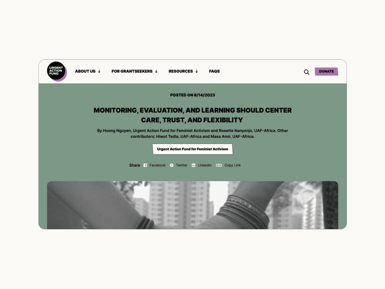 Frame from UAF website with a sage green, text-only header and links, above a full-width black and white image.
