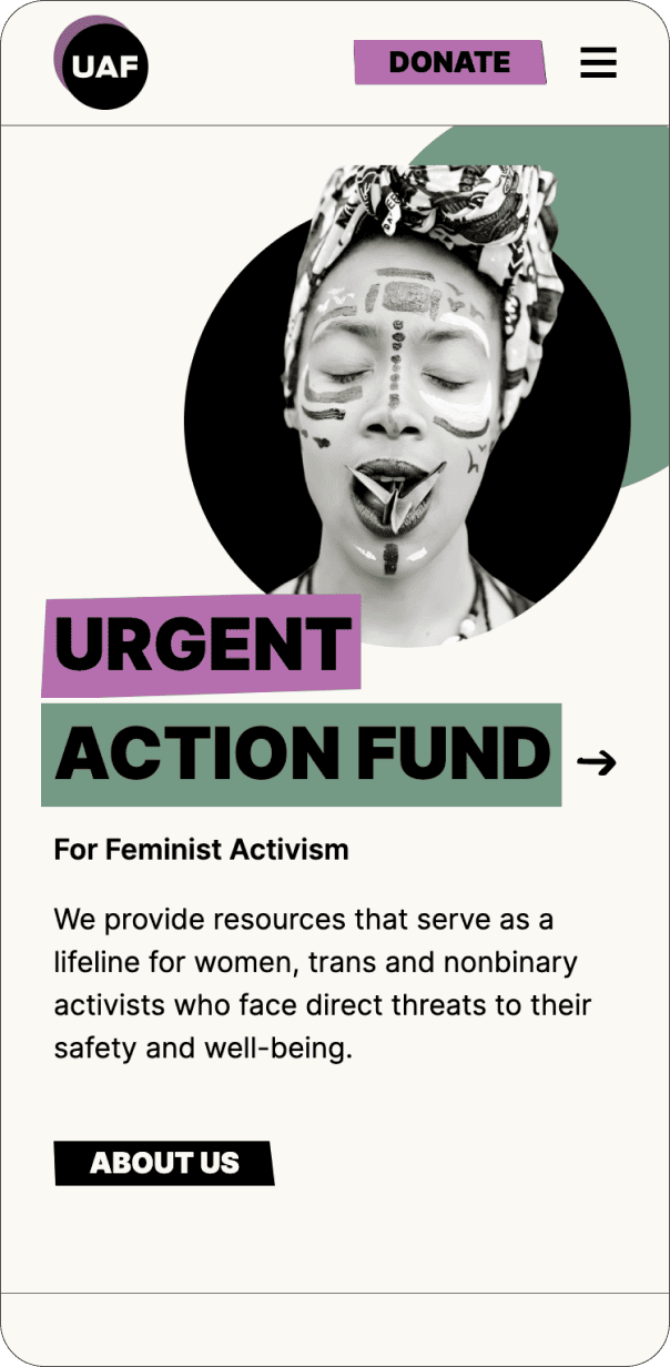 still from UAF homepage, with titles backed by uneven blocks of colour and cut-out images on circles of colour, along with body copy