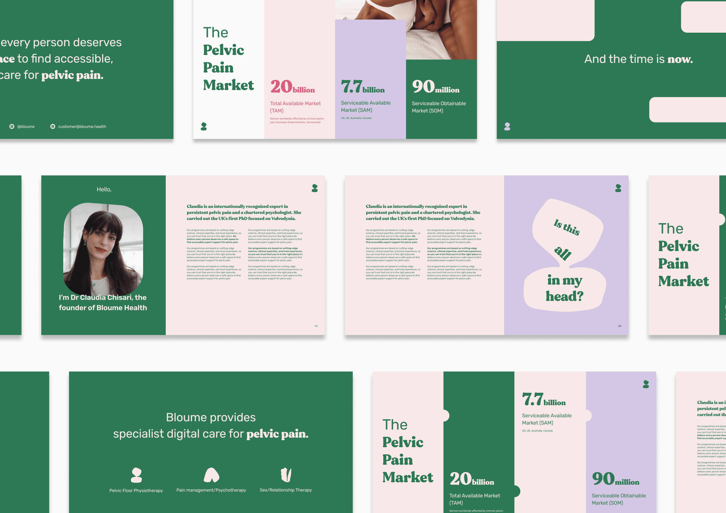 A presentation slide deck in green and pink. It features text on pelvic pain care, market statistics, a photo of a woman identifying herself as the founder of Bloume Health, and bullet points about digital care.