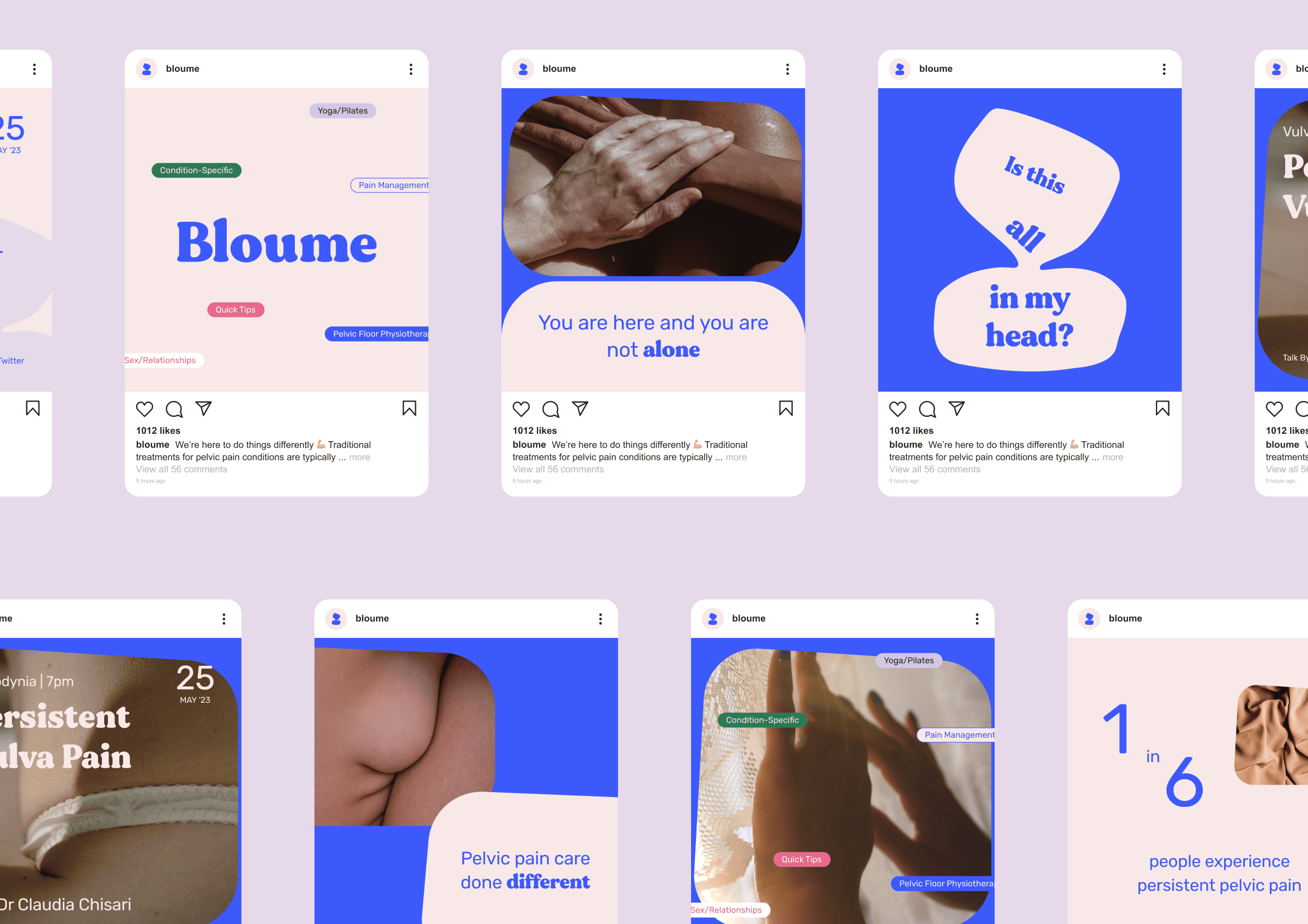 A collage of social media posts discussing pelvic pain and self-awareness. The images include various body parts, alongside quotes and phrases such as You are here and you are not alone and Is this all in my head?.