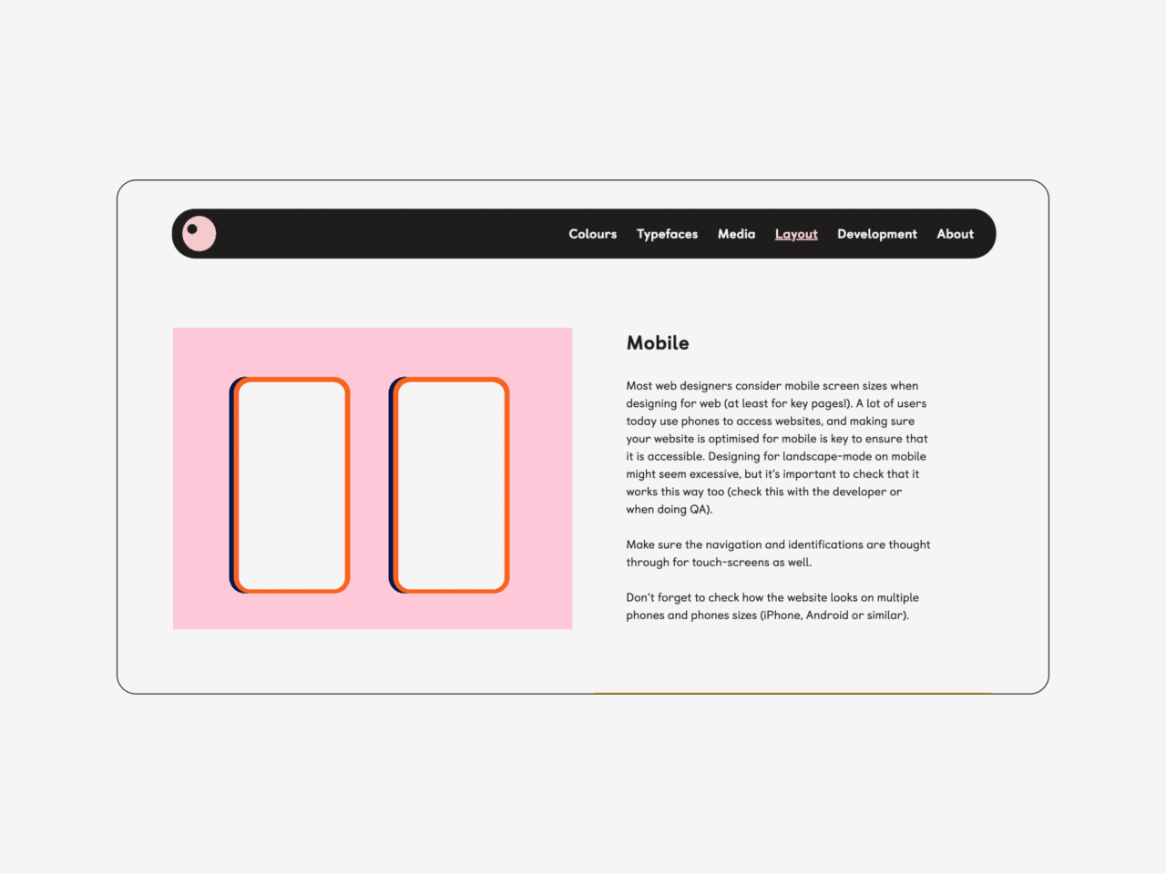 Webpage titled Mobile featuring two smartphone outlines side by side on a pink background. The text highlights the significance of designing websites for different mobile screen sizes, with navigation tips and accessibility considerations.