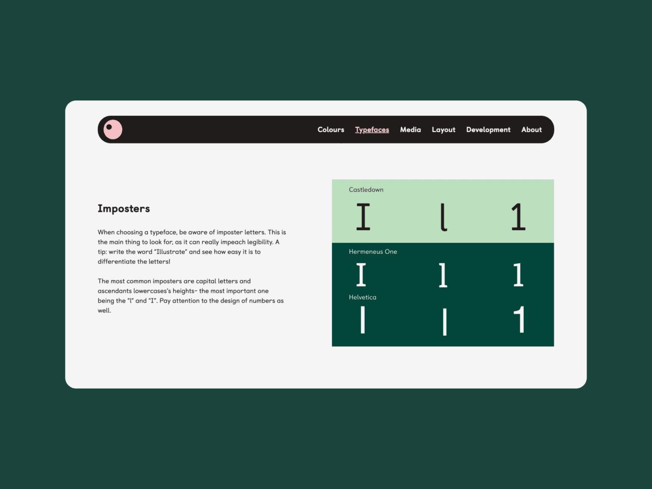 A web page titled Imposters with a short paragraph about typefaces on the left. On the right, examples of similar-looking letters and numbers are shown from the fonts Castledown, Hermeneus One, and Heebo, including uppercase I and numeral 1.