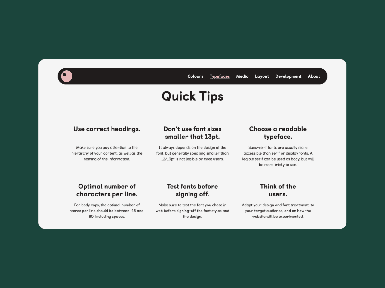 Image of a webpage titled Quick Tips displaying various sections on typography advice. The sections cover using proper headings, avoiding small font sizes, opting for readable fonts, ensuring optimal characters per line, testing font choices, and adapting design treatments.