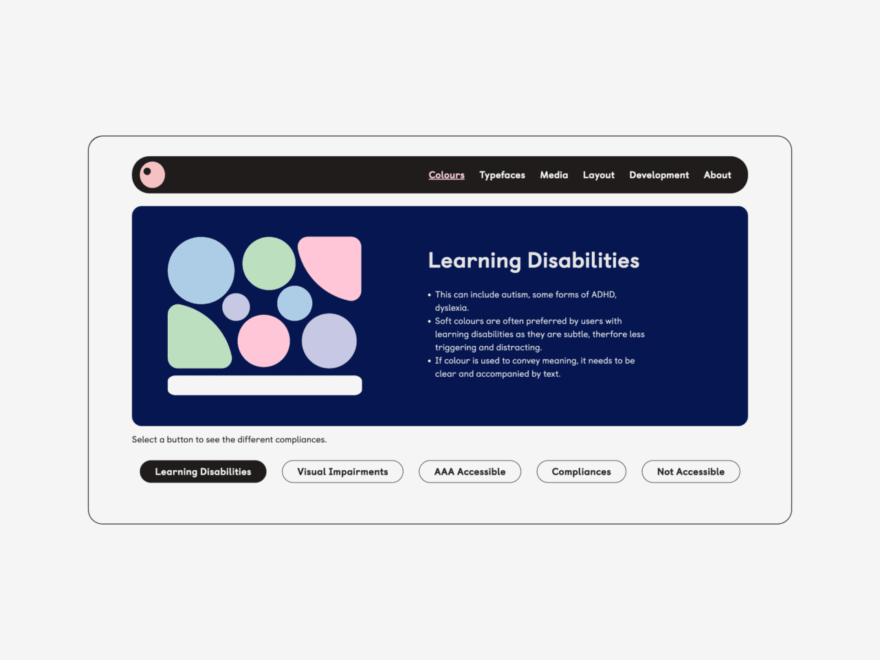 Webpage design section labelled Learning Disabilities with abstract shapes. Below are navigation buttons: Learning Disabilities, Visual Impairments, AAA Accessible, Compliances, and Not Accessible. All set against a light grey background.