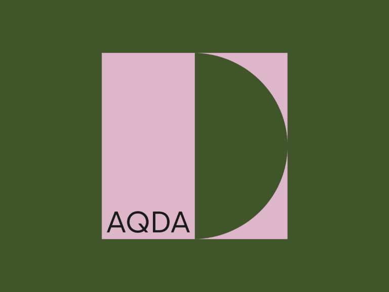 A green square logo with a pink rectangle and green semicircle on the right side. Black letters AQDA appear in the lower left corner. Background is dark green.
