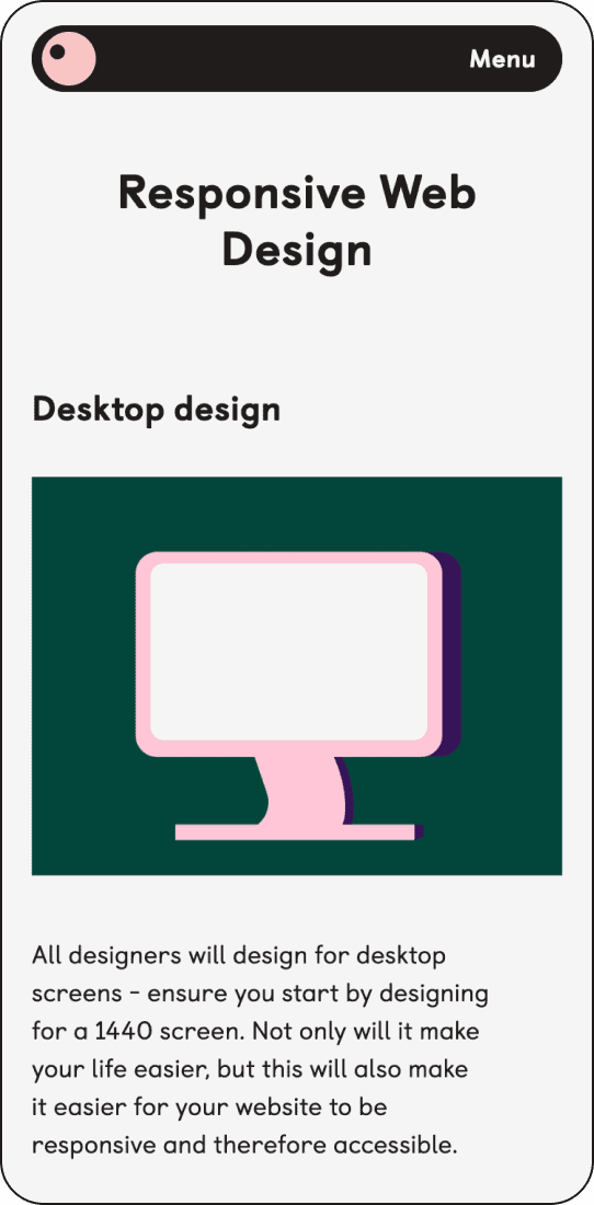 Illustration of a pink computer screen set against a green background. The text above reads Responsive Web Design and Desktop Design. Below, theres a paragraph discussing designing for a 1440 screen to ensure accessibility and responsiveness.