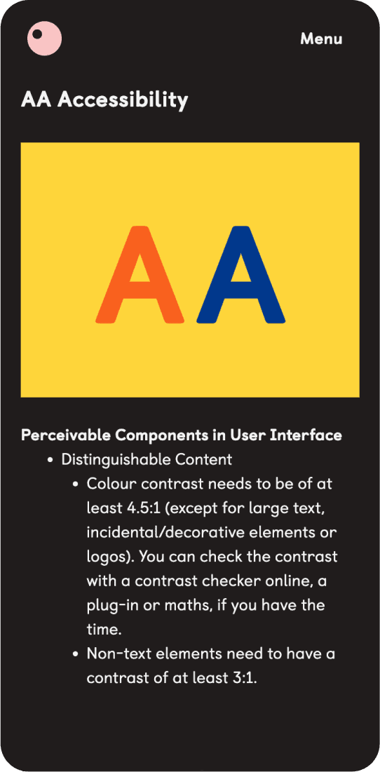 A mobile screen showing AA Accessibility information with bold yellow and orange A letters on a blue background. The screen outlines colour contrast standards for user interface design, highlighting minimum ratios of 4.5:1 for text and 3:1 for non-text elements.
