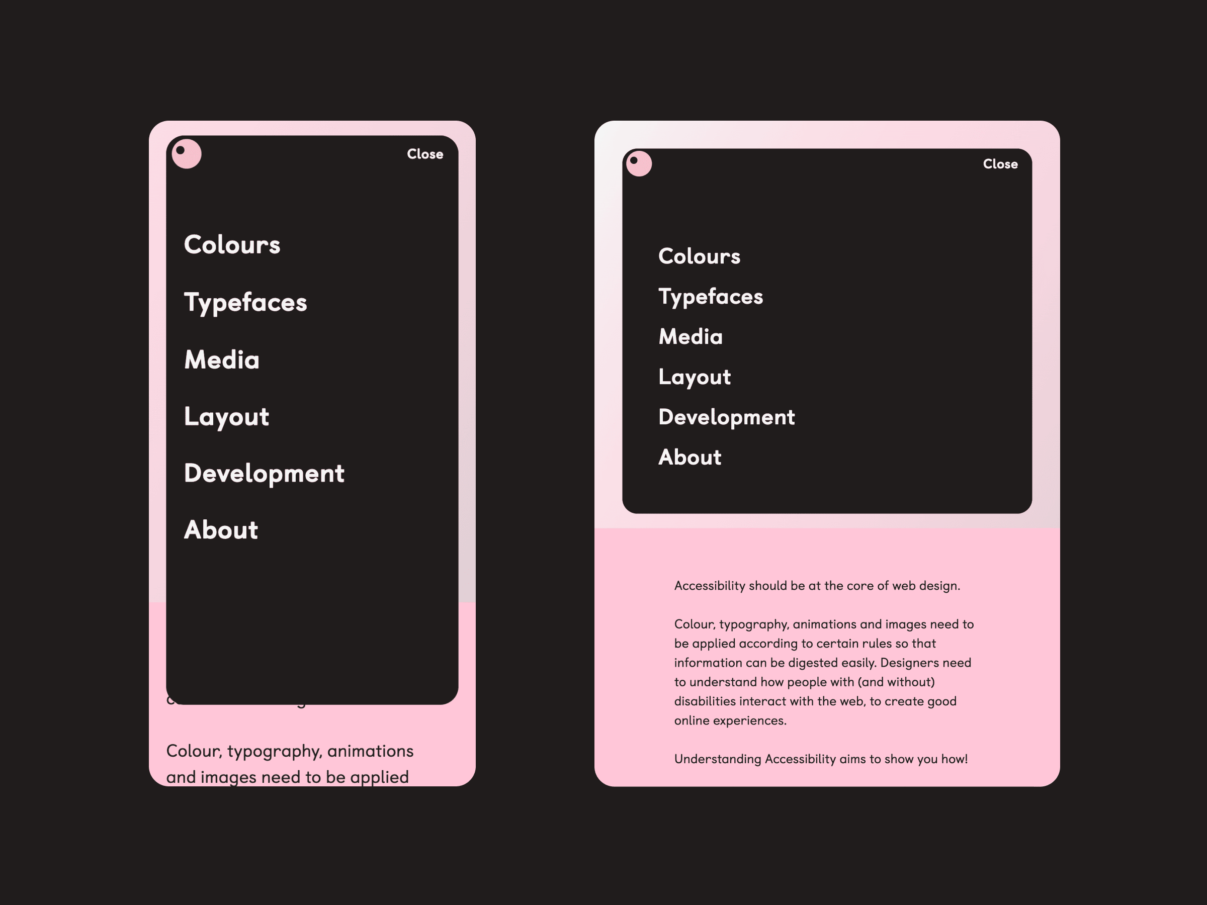 Two mobile screens show a menu and text. The menu includes options: Colours, Typefaces, Media, Layout, Development, and About. The text underscores the significance of accessibility in web design, focussing on colour, typography, and user experience.