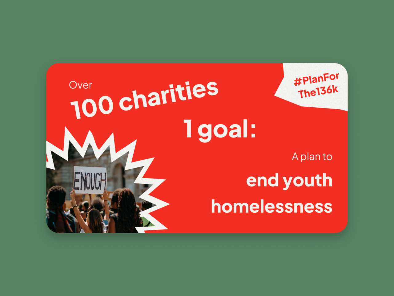 A vibrant red poster with a dynamic starburst design, showcasing the message: Over 100 charities, 1 goal: A plan to end youth homelessness. Includes a small image of a protest where a sign reads Enough. Hashtag #PlanForThe136k is positioned in the corner.