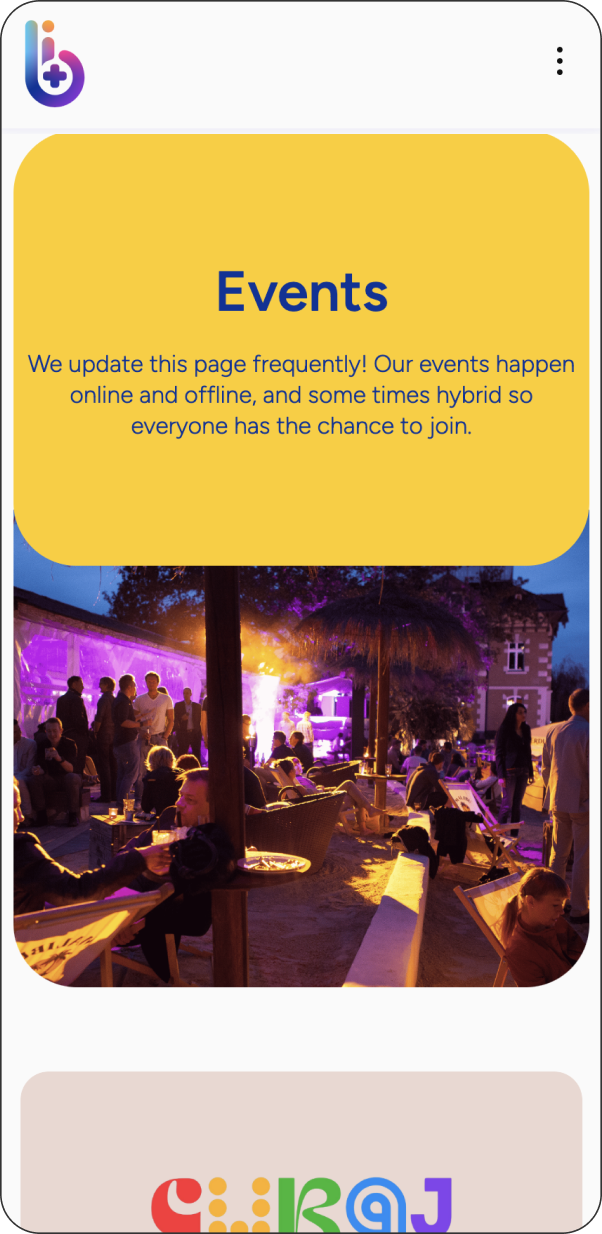 mobile version of events page with subtitle on yellow background, laid over a photo of a softly lit events setting