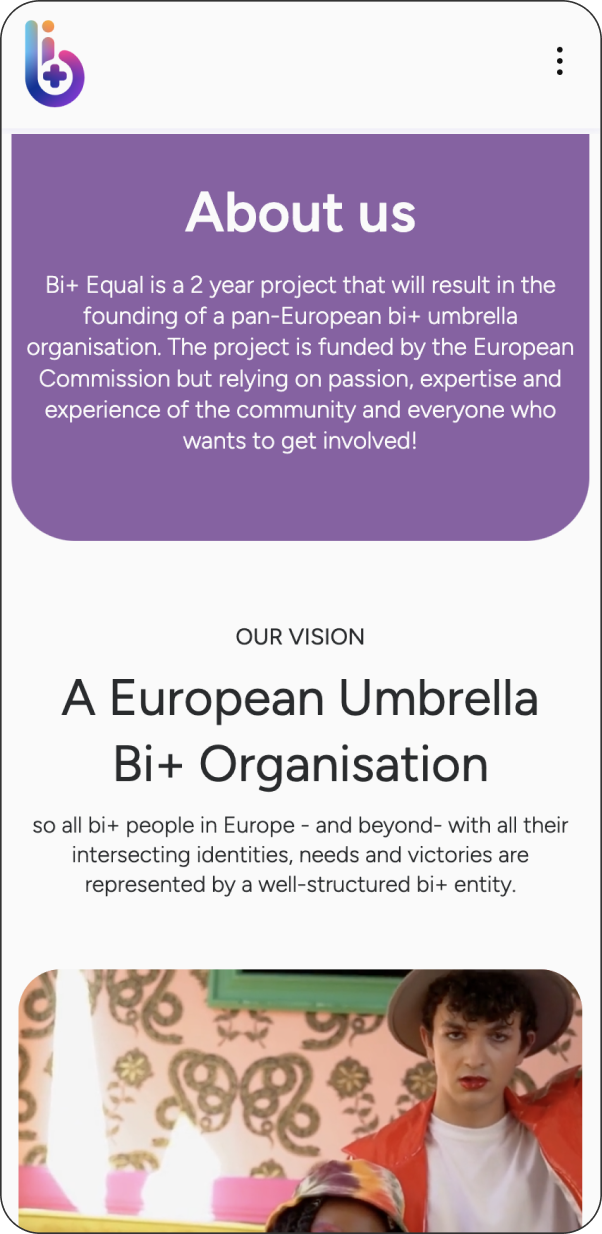 close up of mobile screen with title 'A European Umbrella Bi+ Organisation'
