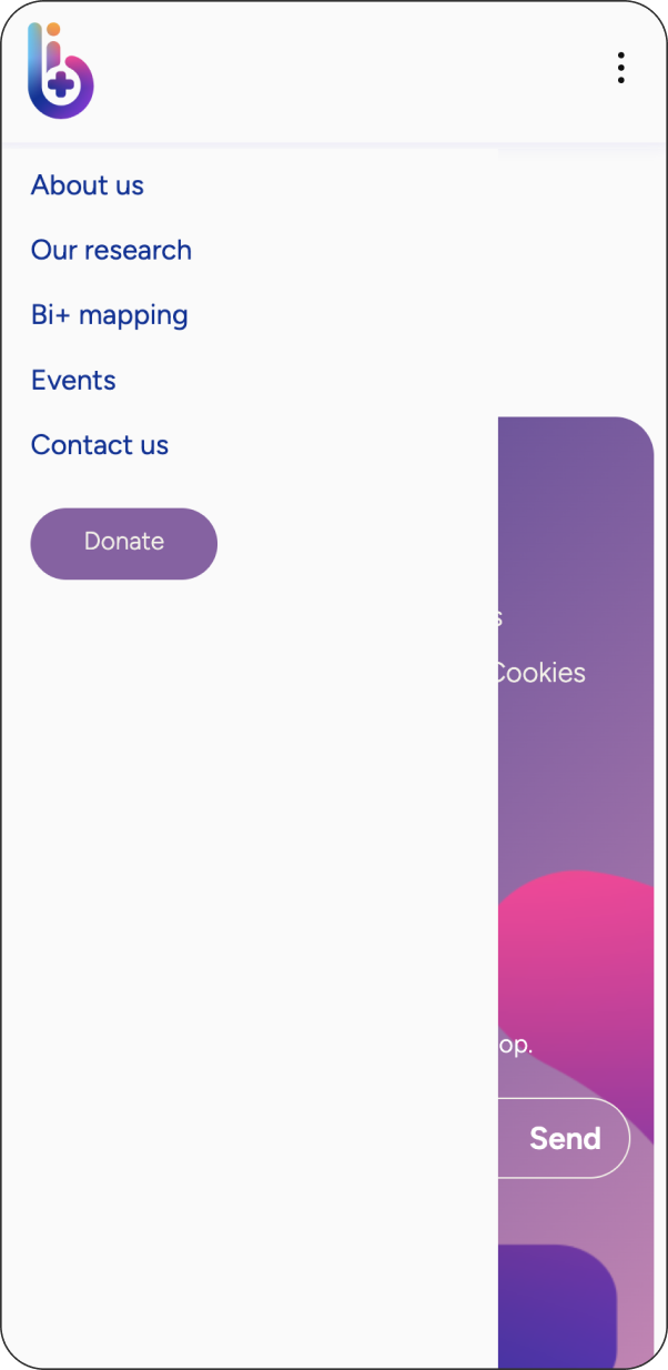 Mobile view of a website featuring a side menu with options: About Us, Our Research, Bi+ Mapping, Events, and Contact Us. Theres a prominent purple Donate button. The background displays a gradient in pink and purple tones.