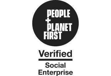 Black circle logo with the bold white text PEOPLE + PLANET FIRST at the top and Verified Social Enterprise beneath.