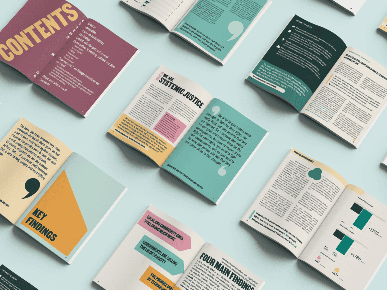 A collection of open booklets displayed on a light blue background, showcasing vibrant pages with text and graphics. Dominant colours include pink, teal, yellow, and peach. Sections highlighted are CONTENTS, Key Findings, along with assorted quotes and charts.