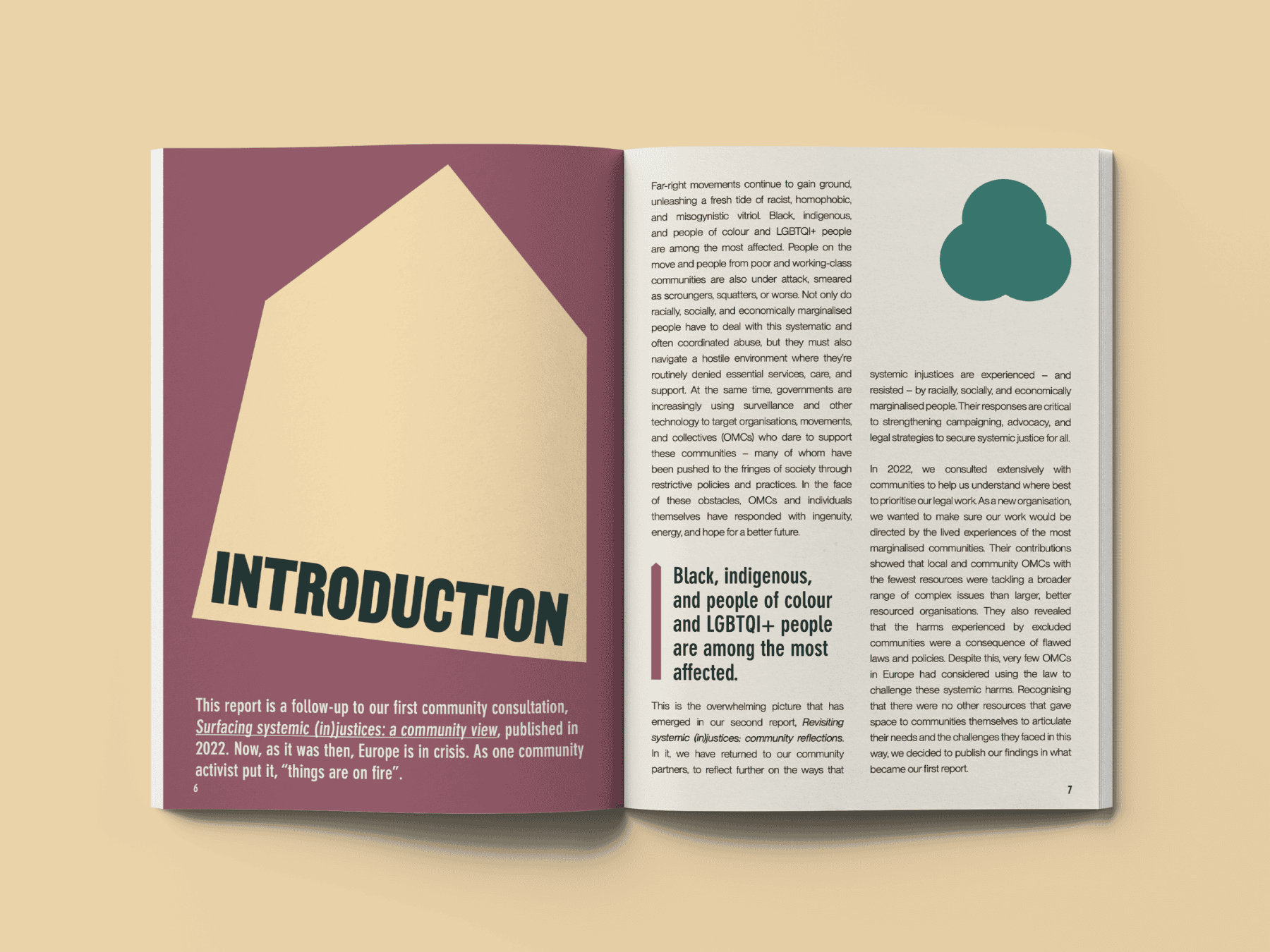 An open magazine lays flat, revealing two pages. The left page showcases a large geometric shape that resembles a house, with the word INTRODUCTION positioned beneath it. The right page contains several text paragraphs, topped by a green, cloud-like shape.