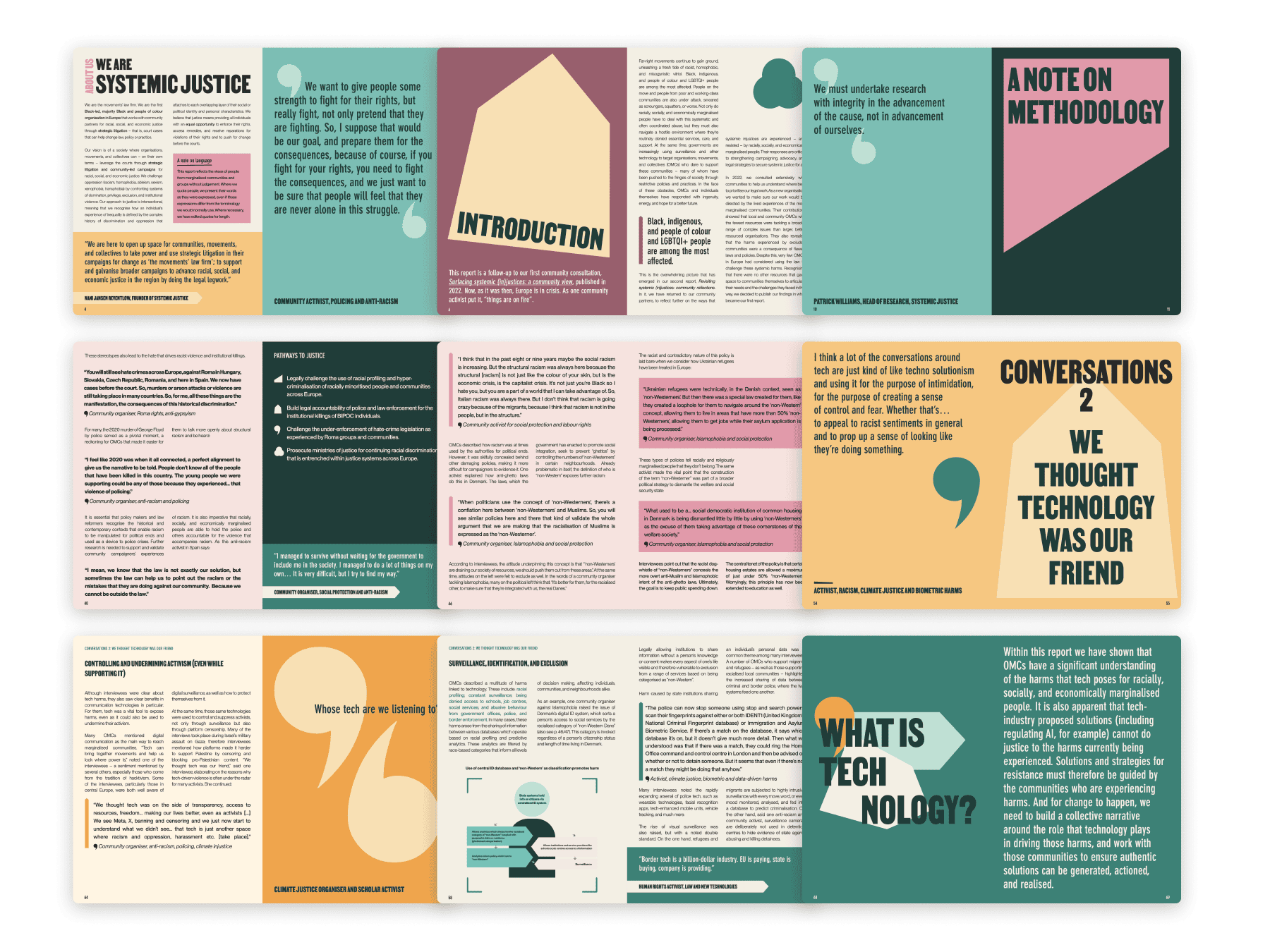 A vibrant display of illustrated pages from a zine named We Want Systemic Justice. The pages showcase an array of colours, text, and geometric shapes. Included are sections discussing methodology and technology conversations.