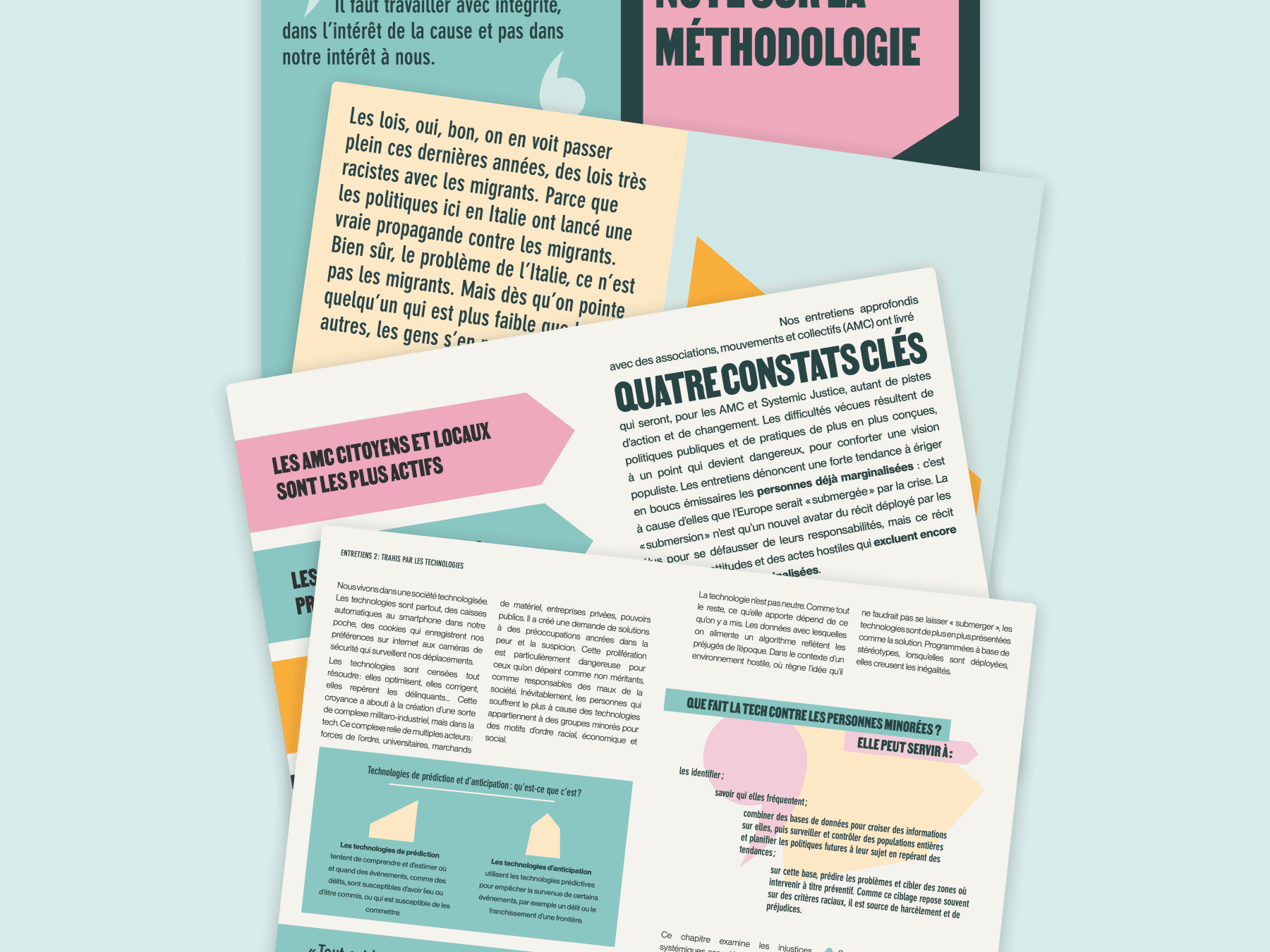 A collage of five French-language pages, showcasing bold headings and sections in various colours. Some pages feature diagrams and areas of highlighted text set against a light blue background.