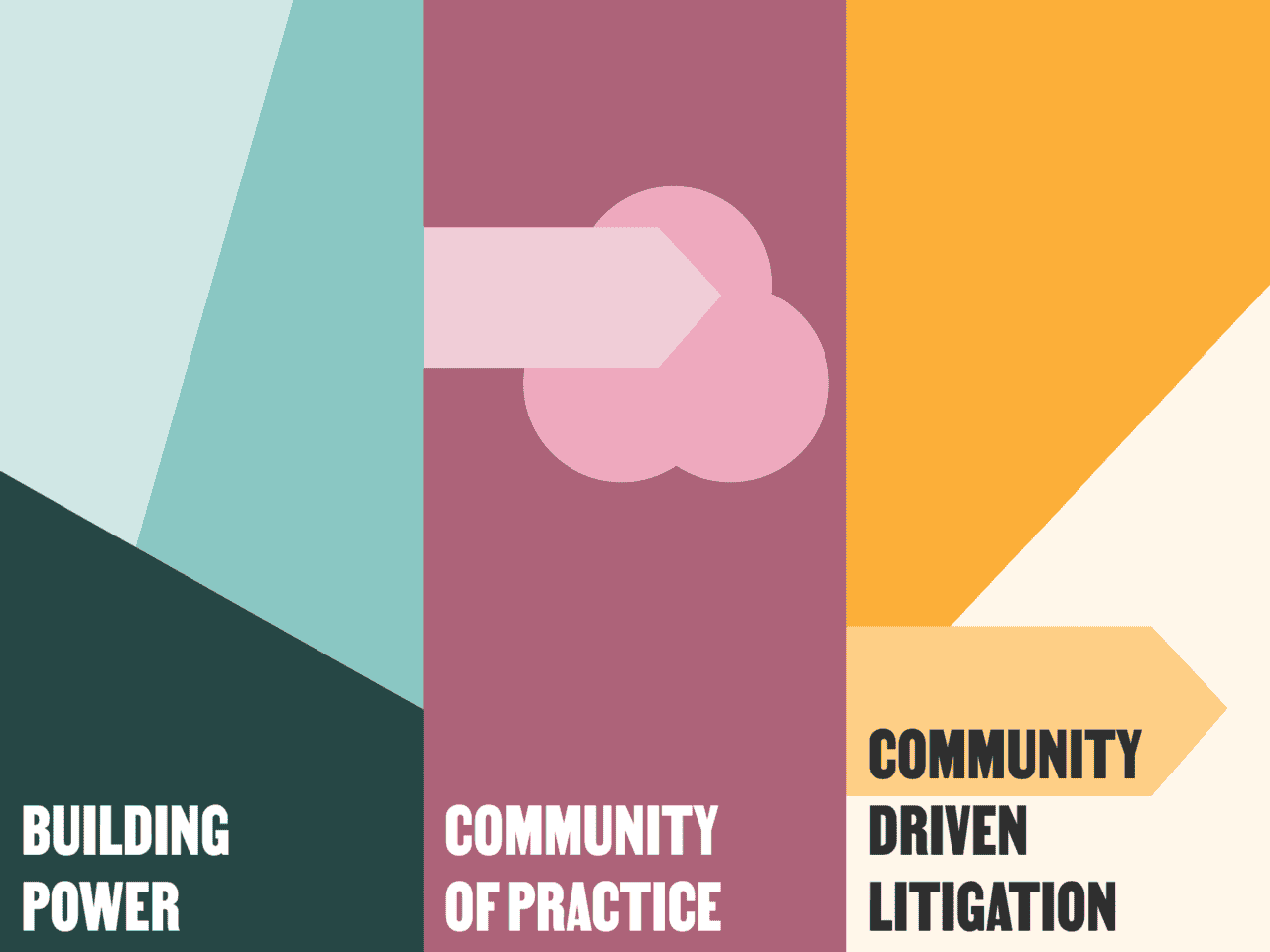 A graphic with three vertical sections shows the phrases: Left section has Building Power on a teal background; the middle section displays Community of Practice alongside an arrow through a cloud on a mauve background; the right section features Community Driven Litigation with an arrow on an orange and cream background.