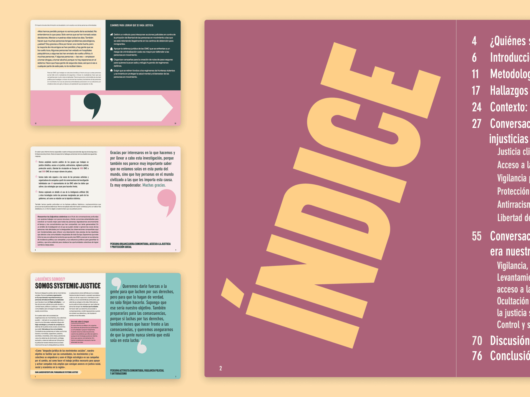 A main page displays the word ÍNDICE with a table of contents, surrounded by smaller pages featuring text on colourful backgrounds, quotes, and bullet points. The overall backdrop is a muted yellow.