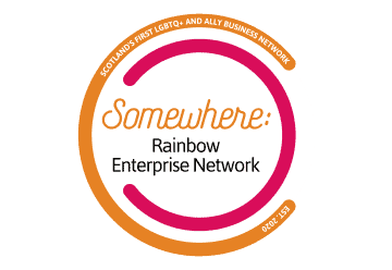 Logo displaying the text: Somewhere: Rainbow Enterprise Network. Surrounding this is a colourful arc with additional text, Scotland’s First LGBTQ+ and Ally Business Network Est. 2020.