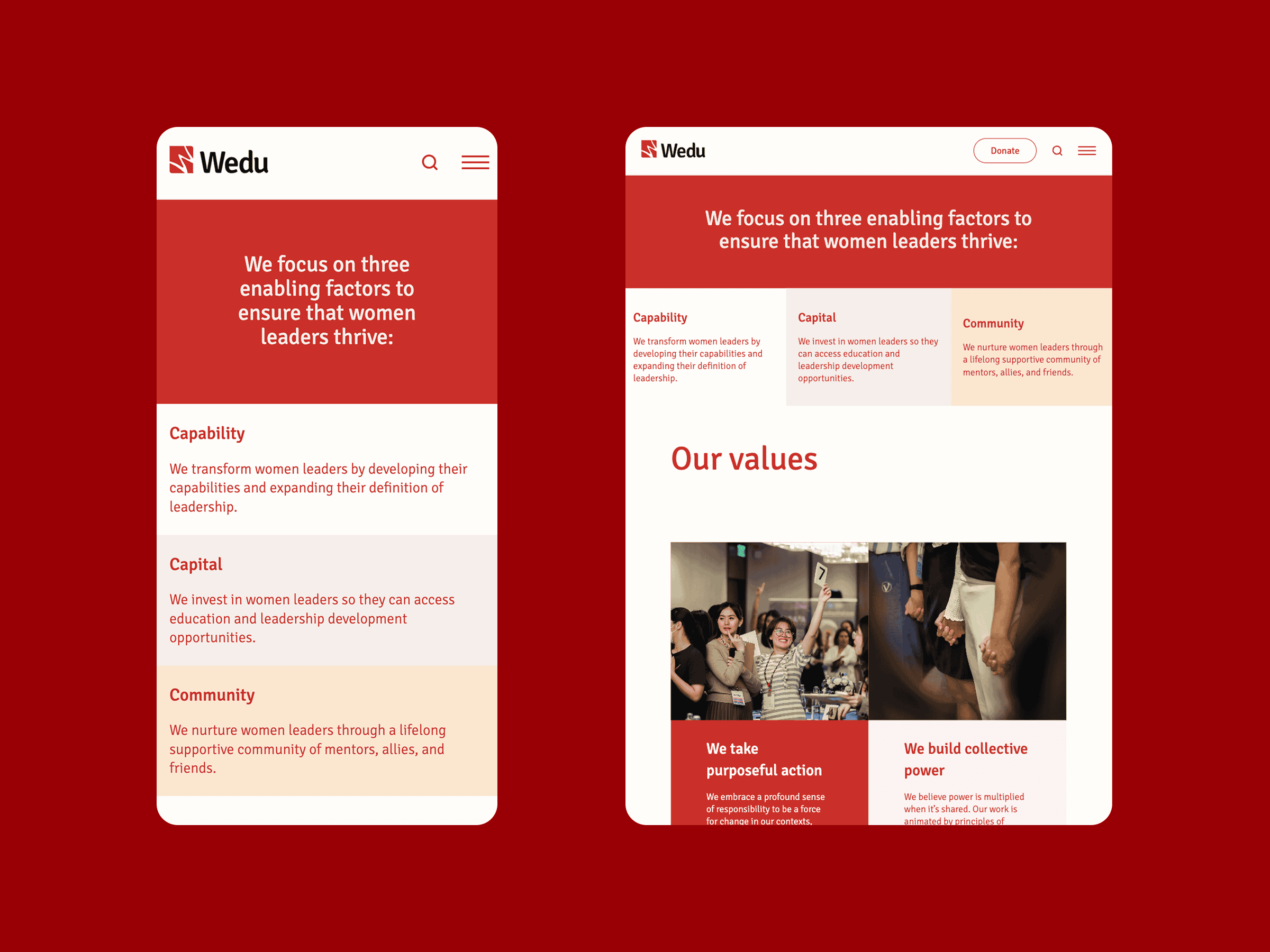 Two mobile screens displaying a website. The first screen highlights a menu with key leadership aspects: Capability, Capital, Community. The second screen features the Our Values page, showcasing images of diverse groups engaging with each other.