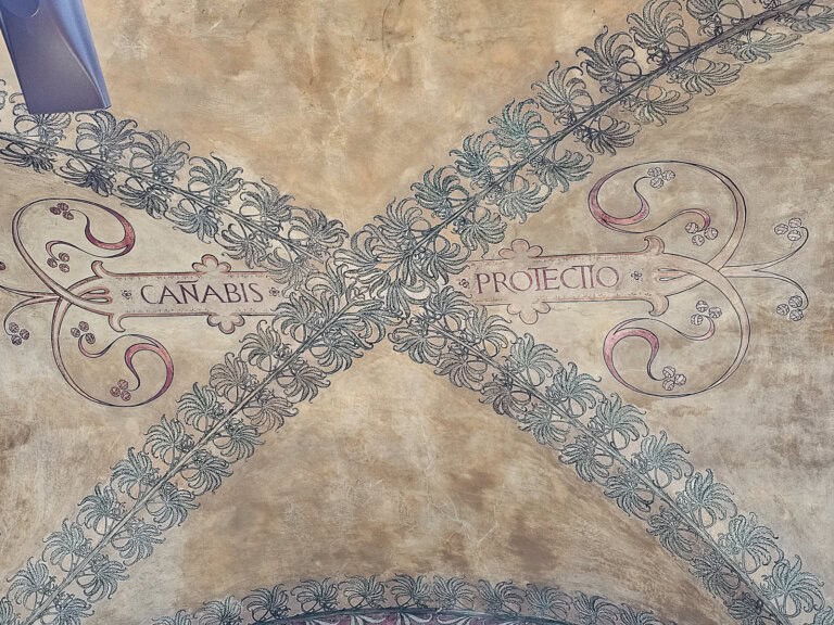 "Canabis Protectio" on the ceiling of one of Bolona porticoes. The inscription is one of the Seven Secrets of Bologna